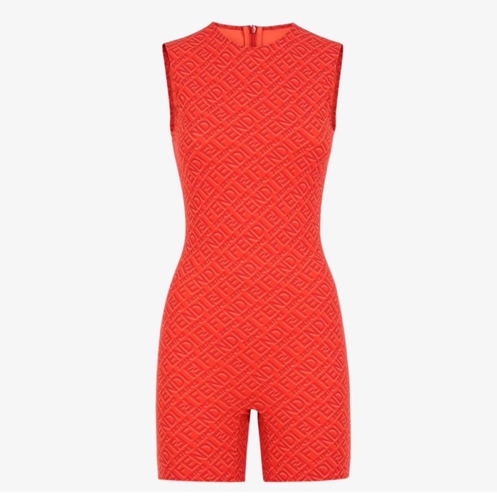 🆕FENDI X SKIMS GEORGIA ORANGE SLEEVELESS MID THIGH 1PIECE SHORT ROMPER BODYSUIT